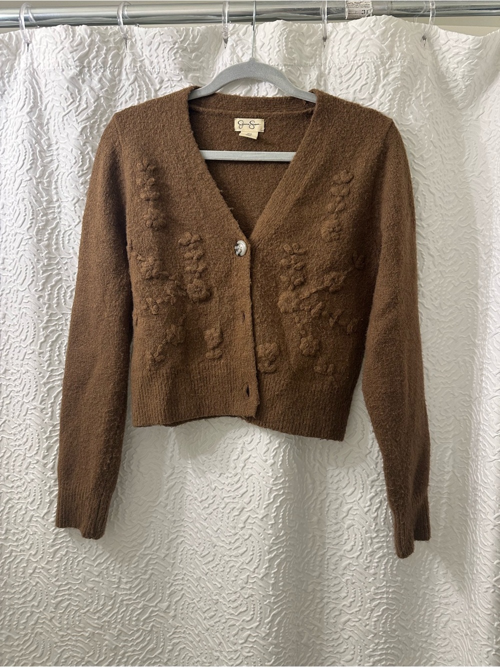 Brown V-Neck Textured Crop Cardigan Sweater